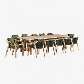 Conjunto De Mesa Retangular (300x100 Cm) E 12 Cadeiras De Jardim Em Madeira De Acácia Dubai Verde Exército Claro & Castanho Acácia Rústico - Sklum