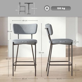 Conjunto de 2 bancos de bar, cadeiras de bar, assento almofadado, encosto curvo e apoio para os pés, 49 x 53 x 93 cm, cinzento