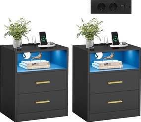 Conjunto 2 Mesas de cabeceira 35 x 40,1 x 50,2 cm com estação de carregamento e LED branco Coleção Custos Pretas