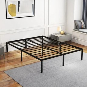 Estrutura de cama de metal simples e resistente de tamanho 201 x 151 x 36 cm com suporte de ripas de ferro e arrumação Preta