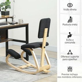 Cadeira Ergonómica de Joelhos com Encosto Almofadas Acolchoadas Estrutura de Madeira Melhor Postura Escritório Preto