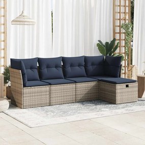 5 pcs conjunto sofás de jardim c/ almofadões vime PE cinzento