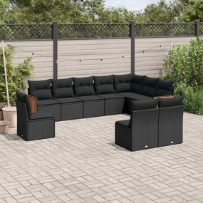 10 pcs conjunto sofás de jardim c/ almofadões vime PE preto