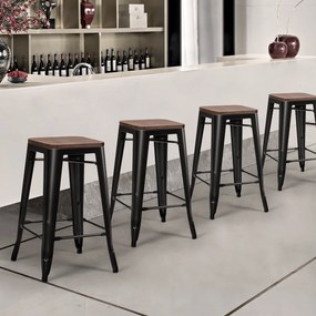 Conjunto de 4 bancos de barra metálica com pernas de ferro de assento em madeira e apoio para os pés para sala de jantar Cozinha 41 x 41 x 64,5 Pretos
