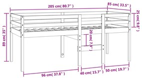 Cama alta 80x200 cm madeira de pinho maciça castanho cera