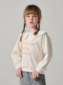 Camisola com gola bordada e mensagem flatlock em veludo, para menina cru