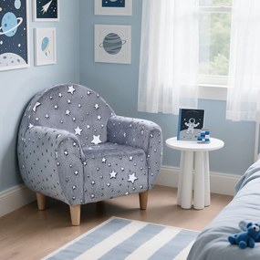 Poltrona infantil fosforescente com padrão de estrelas, tecido de veludo cinzento