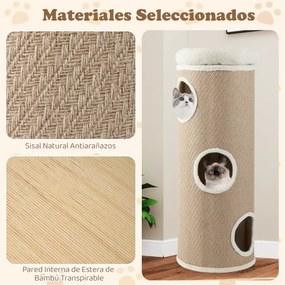 Casa para gatos de 4 níveis, caverna elevada com cama removível, painel para arranhar em sisal, 43 x 113 cm, cor cáqui