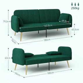 Sofá-cama de 2 lugares, 180 x 74 x 79,5 cm em tecido de veludo com encosto ajustável, verde escuro