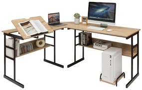 Secretária de canto moderna em forma de L 170 x 150 x 75 cm Mesa de desenho inclinável com prateleira inferior Estrutura em metal natural