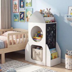 Estante infantil de 3 níveis com tema espacial 60 x 31 x 94 cm, quadro negro e 2 compartimentos para sala de aula, brinquedos e creche – Branco + Cinz