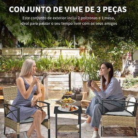 Outsunny Conjunto de Poltronas e Mesa de Centro de Vime 3 Peças Conjunto de Móveis de Vime com Almofadas Acolchoadas e Estrutura de Aço para Varanda Pátio 46x46x48cm e 59x71x80cm Marrom Claro