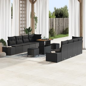 Conjunto de Sofá de Jardim vidaXL com Almofadas Preto Rattan Poliéster Acácia