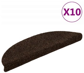 vidaXL Tapetes escada autoadesivos 10 pcs 56x17x3 cm agulhado castanho