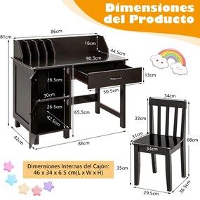 Conjunto de Mesa e Cadeira para Crianças com Armário de Gavetas de Grande Superfície para Crianças de Mesa de Estudo Castanha