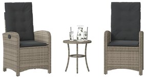 vidaXL 3 pcs conjunto bistrô com almofadões vime PE cinza