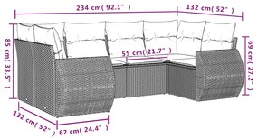 6 pcs conj. sofás jardim com almofadões vime PE cinzento-claro