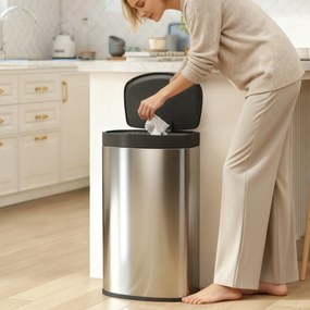 Caixote do lixo automático para cozinha de 55 L em aço inoxidável, com tampa de fecho suave, 38 x 28,5 x 69 cm, prateado