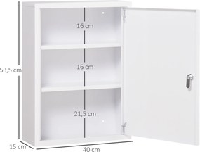 Armário de Parede para Medicamentos de Aço com 3 Prateleiras e 2 Chaves para Casa de Banho 40x15x53,5 cm Branco