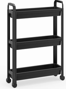Carrinho estreito de 3 níveis com rodas e pegas54×18,5×76 cm Organizador móvel para cozinha, casa de banho, lavandaria e escritório Preto