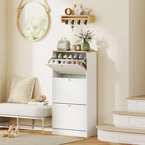 Móvel Sapateira de Entrada com 3 Gavetas Basculantes e Prateleiras Ajustáveis para 18 Pares de Sapatos 60x23,5x115 cm Branco