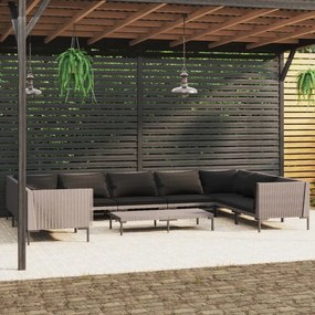 vidaXL 10 pcs conj. lounge jardim c/ almofadões vime PE cinza-escuro