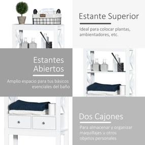 Kleankin Prateleira de banheiro Armário com 3 prateleiras e 2 gavetas com dispositivo anti-queda 60x20x165 cm Branco
