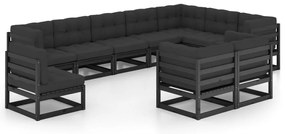 10 pcs conjunto lounge jardim c/ almofadões pinho maciço preto