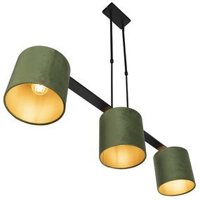 Candeeiro de suspensão com abajures de veludo verde com dourado 20cm - Combi 3 Deluxe Country / Rústico