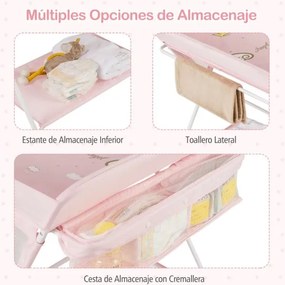 Mesa Trocador fraldas para Bebés Portátil e Dobrável Altura Ajustável 3 Níveis Organizador Móvel com Cesto Prateleira Rodas e Travão Rosa