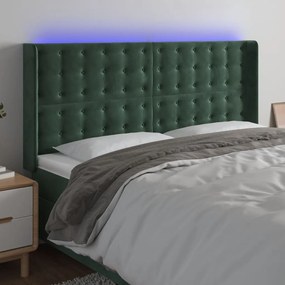 vidaXL Cabeceira de cama c/ LED veludo 163x16x118/128 cm verde-escuro