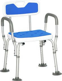Banco de duche ergonómico com altura ajustável e pés antiderrapantes, 56,5 x 53,5 x 87 cm, branco e azul
