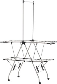 Estendal de roupa dobrável com rodas, ampla área de secagem, aço inoxidável, 138,5 x 63 x 208 cm, prateado e preto