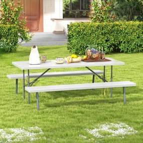 Mesa de piquenique dobrável 183 cm para 8 pessoas com 2 bancos Estrutura metálica Guarda-sol Orifício Mesa de jardim PEAD Cinzento