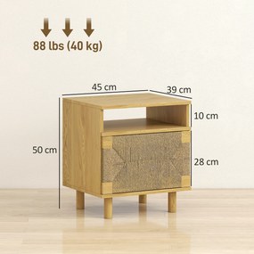 Mesa de Cabeceira Estilo Bohémio com Porta de Corda de Papel Prateleira Aberta e Abertura por Pressão 45x39x50 cm Cor Carvalho