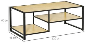 Mesa de Centro para Sala de Estar com 2 Prateleiras de Armazenamento Mesa Auxiliar com Estrutura de Aço para Dormitório Escritório 120x60x46cm Carvalh