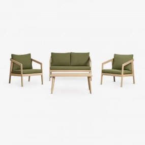 Conjunto De Jardim Com Sofá, 2 Poltronas E Mesa De Centro Em Madeira De Acácia Kaela Marrom Acácia Claro & 2 Lugares & Bouclé Verde Sálvia - Sklum