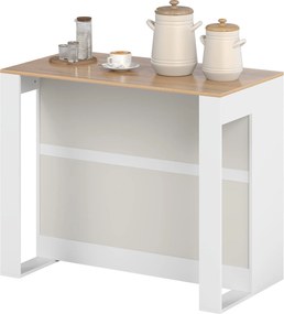 Mesa alta de cozinha 113 x 60 x 90 cm com 3 níveis e 2 compartimentos abertos, tampo com efeito de madeira natural, branca