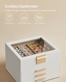 Caixa para joias de 4 níveis com tampa de vidro 20,3 x 23,1 x 16,5 cm Ideia para presente Branco-nuvem e dourado