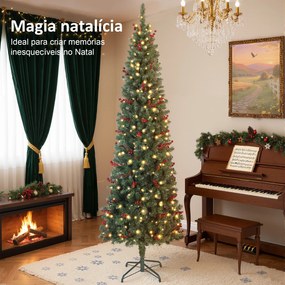 Árvore de Natal Slim 230 cm com Luzes LED 8 Modos de Iluminação 761 Ramos com Purpurina Prateada Pinhas e Bagas Verde