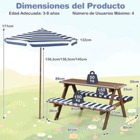 Conjunto de mesa de piquenique para crianças com 2 bancos de madeira, guarda-sol dobrável e ajustável, almofadas para uso interior e exterior, azul-ma