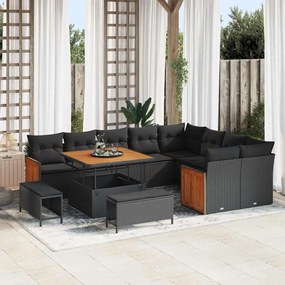 Conjunto de Sofá de Jardim de 12 Peças com Almofadas Preto Rattan Poliéster Acácia
