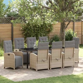 vidaXL Conjunto de Jantar de Jardim com 9 peças e almofadas bege em rattan sintético