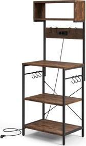 Estante de cozinha com encaixe micro-ondas Com 2 tomadas com prateleiras abertas Ganchos 60 x 42 x 153 cm Castanho