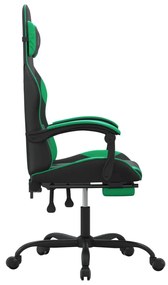 Cadeira gaming giratória c/ apoio pés couro artif. preto/verde