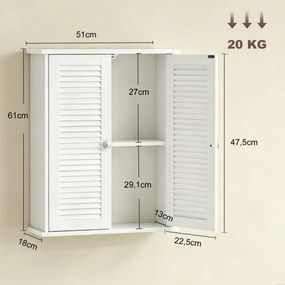 Armário de parede para casa de banho 51 (L) x 18 (P) x 61 (A) cm, móvel suspenso de arrumação com 2 portas com persianas e prateleira ajustável, branc