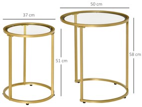 HOMCOM Conjunto de 2 Mesas Auxiliares Mesas Auxiliares com Estrutura de Metal e Bancada de Vidro para Sala de Estar Dormitório Ø50x58 cm e Ø37x51 cm Dourado
