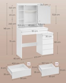 Toucador com iluminação LED moderno em 40 x 97,5 x 145 cm branco