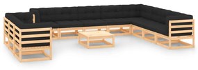 vidaXL 12 pcs conj. lounge jardim c/ almofadões antracite pinho maciço