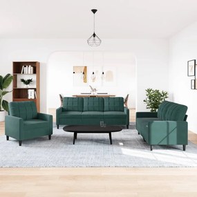 3 pcs conjunto de sofás com almofadões veludo verde-escuro